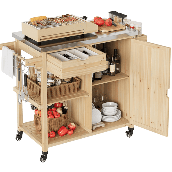 Outdoor Grill Cart with Stainless Steel Top - Kitchen Rolling Island Cabinet with Spice Rack, 2 Drawers & Lockable Wheels, Portable BBQ Prep Station for Patio, Backyard, Camping (Natural Wood)