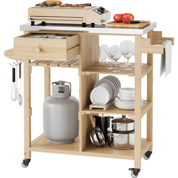Outdoor Grill Cart with Stainless Steel Top – Solid Wood BBQ Prep Table, 2 Locking Wheels & Storage Drawer, Portable Kitchen Island for Patio, Backyard, Garden, Camping