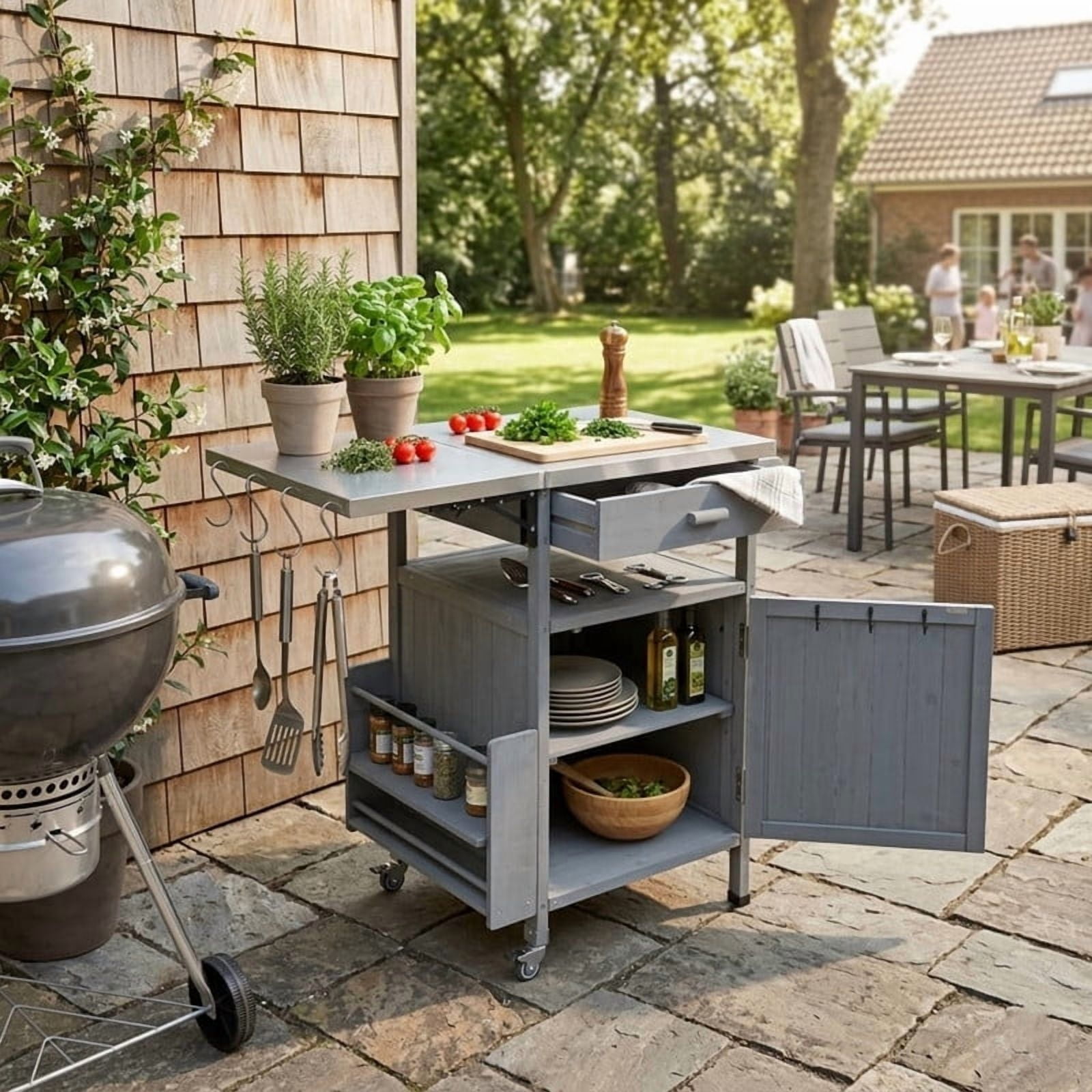 Outdoor Grill Cart with Stainless Steel Top, Wood Kitchen Island Storage Cabinet with Drop Leaf and 1 Drawer, Rolling Kitchen Cart with Lockable Wheels