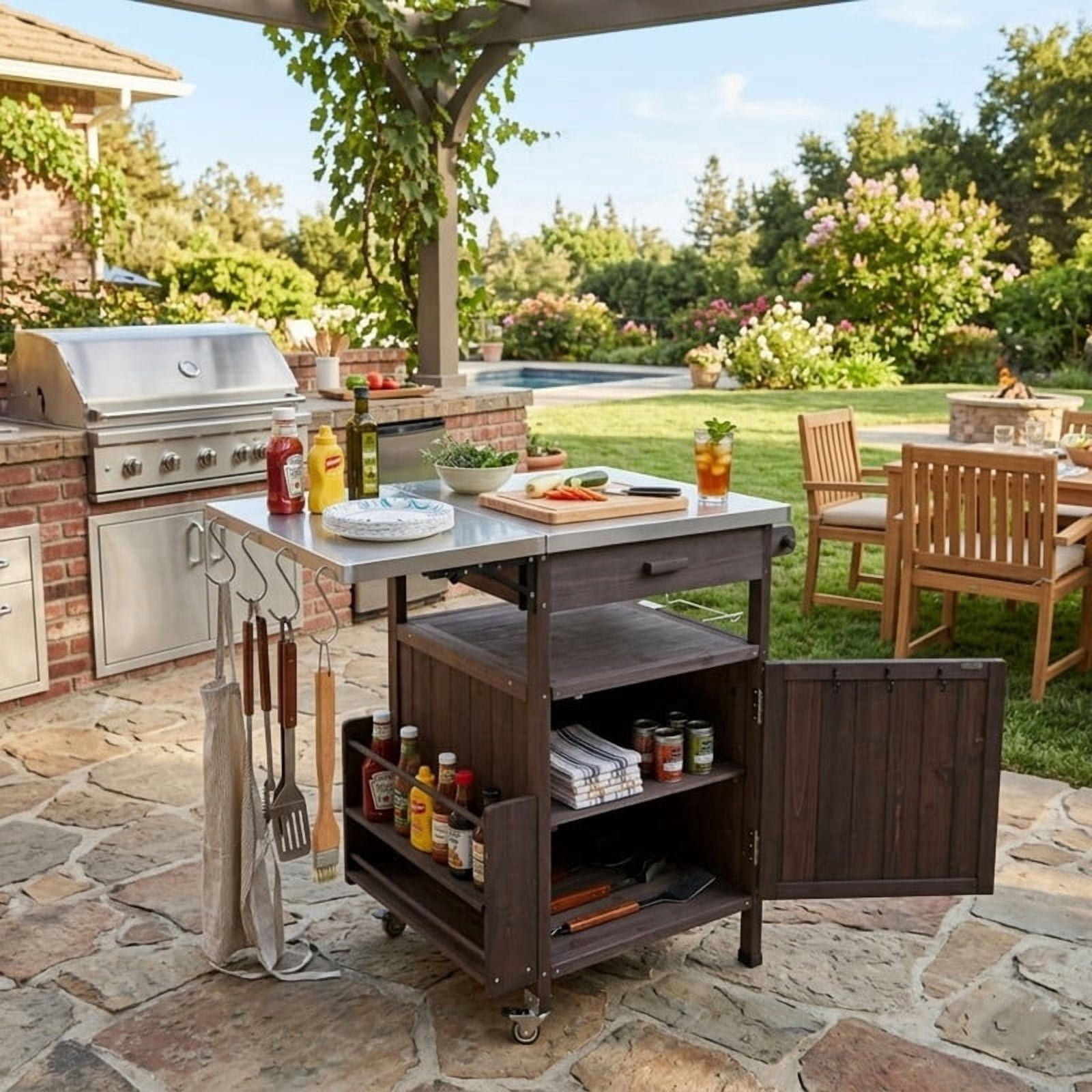 Outdoor Grill Cart with Stainless Steel Top, Wood Kitchen Island Storage Cabinet with Drop Leaf and 1 Drawer, Rolling Kitchen Cart with Lockable Wheels