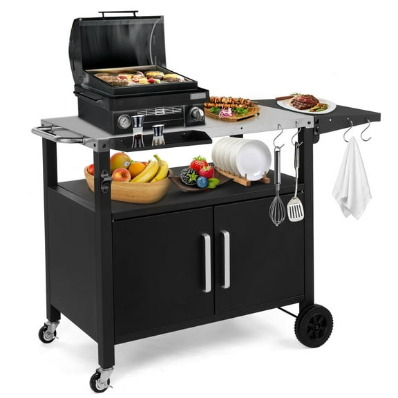 Heavy Duty Iron Outdoor Grill Cart: Movable BBQ Prep Station with Storage, Foldable Tabletop & Wheels for Patio Dining & Outdoor Kitchens