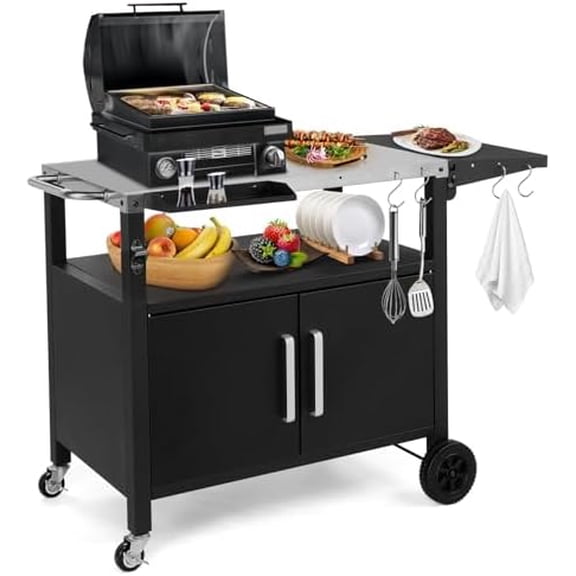 Outdoor Grill Cart with Storage, Rolling Outdoor Bar Cart and Foldable Korean BBQ Table, Movable Outdoor Kitchen Island and BBQ Cart for Patio Dining and Food Prep, with Wheels and Hooks