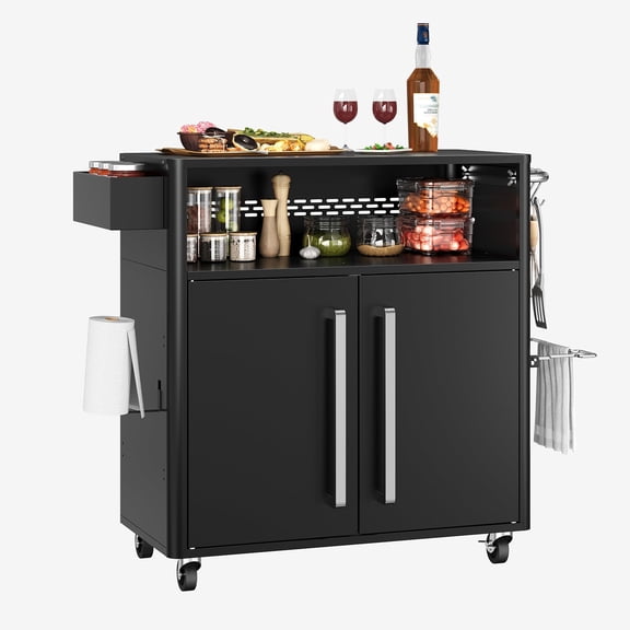 Outdoor Grill Cart with Storage - Stainless Steel Kitchen Food Prep Table Island with Cabinet, Open Shelves, Hooks & Spice Rack, BBQ Cart Station for Backyard, Patio, Deck