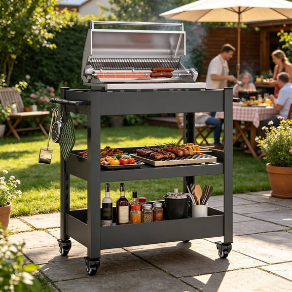 Outdoor Grill Cart Table with Handles, Indoor and Outdoor Pizza Oven Table with Lockable Wheels,3-Tier Mobile Organizer Table for Grilling Fans,26.38"H x 23.62"W x 13.78"D Black