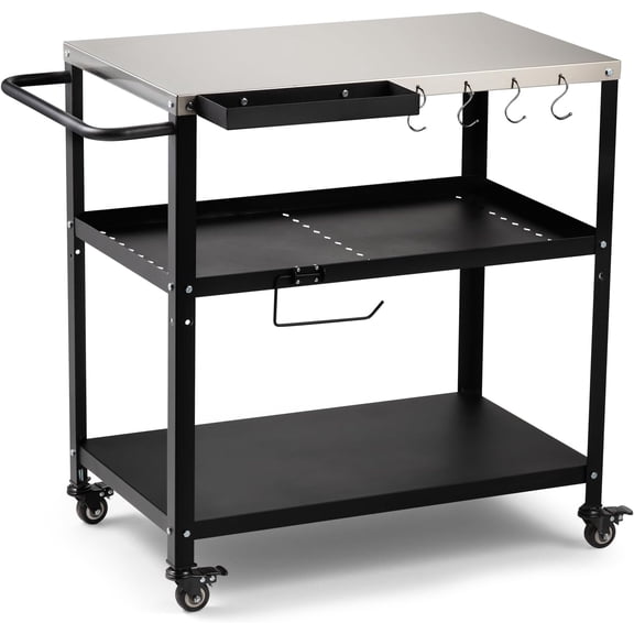 Outdoor Grill Cart Table,Indoor and Outdoor Pizza Oven Table,with 4 Movable Total Lock Casters, Hooks, Side Handle Multifunctional (Black) (Black)