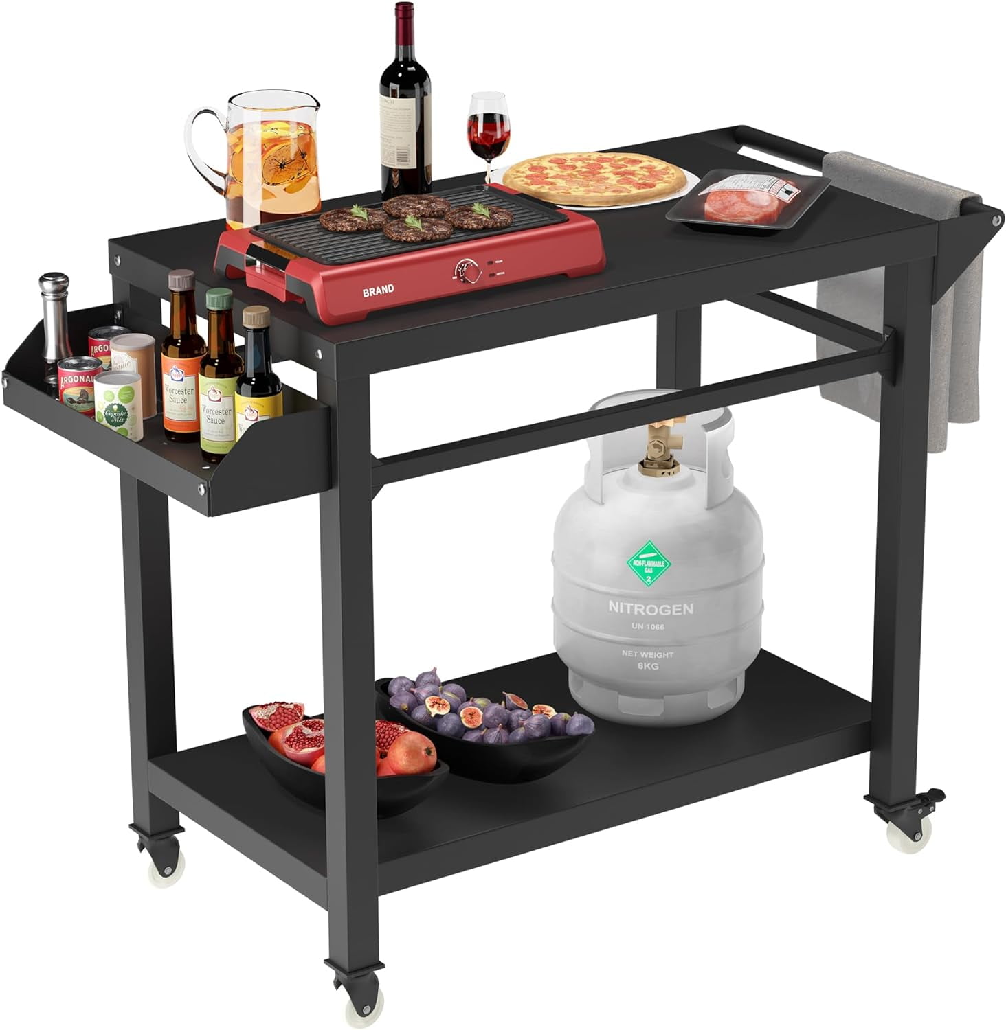 Outdoor Grill Cart Table, Outside Pizza Oven Stand with Wheels, Bottles