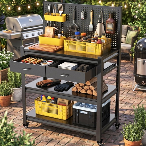 Outdoor Grill Cart Table with Pegboard & Drawers, Indoor and Outdoor Pizza Oven Table with Lockable Wheels,3-Tier Mobile Multifunctional Organizer Table for Grilling Fans,47.2"H x 33.5"W x 18"D Black