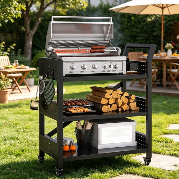 Outdoor Grill Cart Table with Pegboard & Handle, Indoor and Outdoor Pizza Oven Table with Lockable Wheels,3-Tier Mobile Organizer Table for Grilling Fans, 30.3"H x 24.4"W x 13.8"D Black