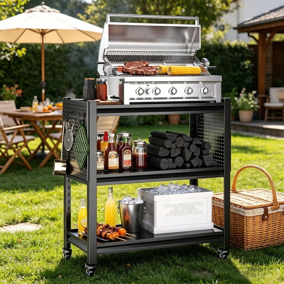 Outdoor Grill Cart Table with Pegboard, Indoor and Outdoor Pizza Oven Table with Lockable Wheels,3-Tier Mobile Multifunctional Organizer Table for Grilling Fans, 33.5"H x 32.7"W x 13.8"D Black