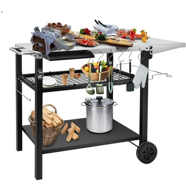 Outdoor Grill Cart Table Pizza Oven Stand, ThreeShelf Stainless Steel