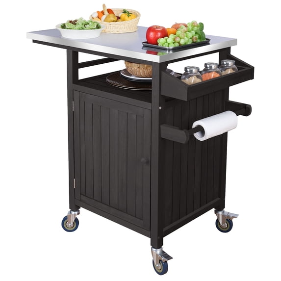 Outdoor Grill Cart Table Pizza Oven Trolley with Wheels, Moveable Solid Wood Kitchen Units with Storage for Outside, Garden Serving Cart Cooking Table with Stainless Steel Top for BBQ, Patio
