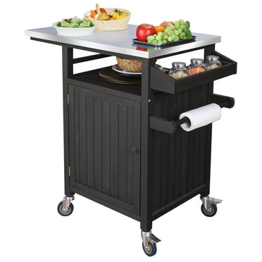 Outdoor Grill Cart Table Pizza Oven Trolley with Wheels,  Moveable Solid Wood Kitchen Units with Storage for Outside, Garden Serving Cart Cooking Table with Stainless Steel Top for BBQ, Patio