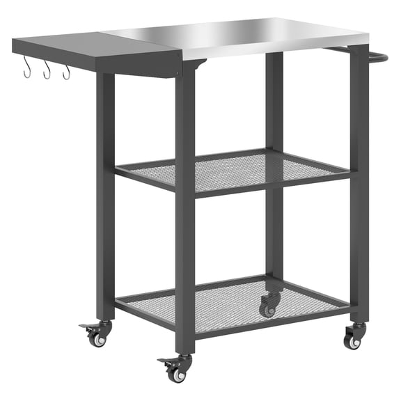 Outdoor Grill Cart Table, Stainless Steel Pizza Oven Stand with Foldable Side Table & Hooks - Silver