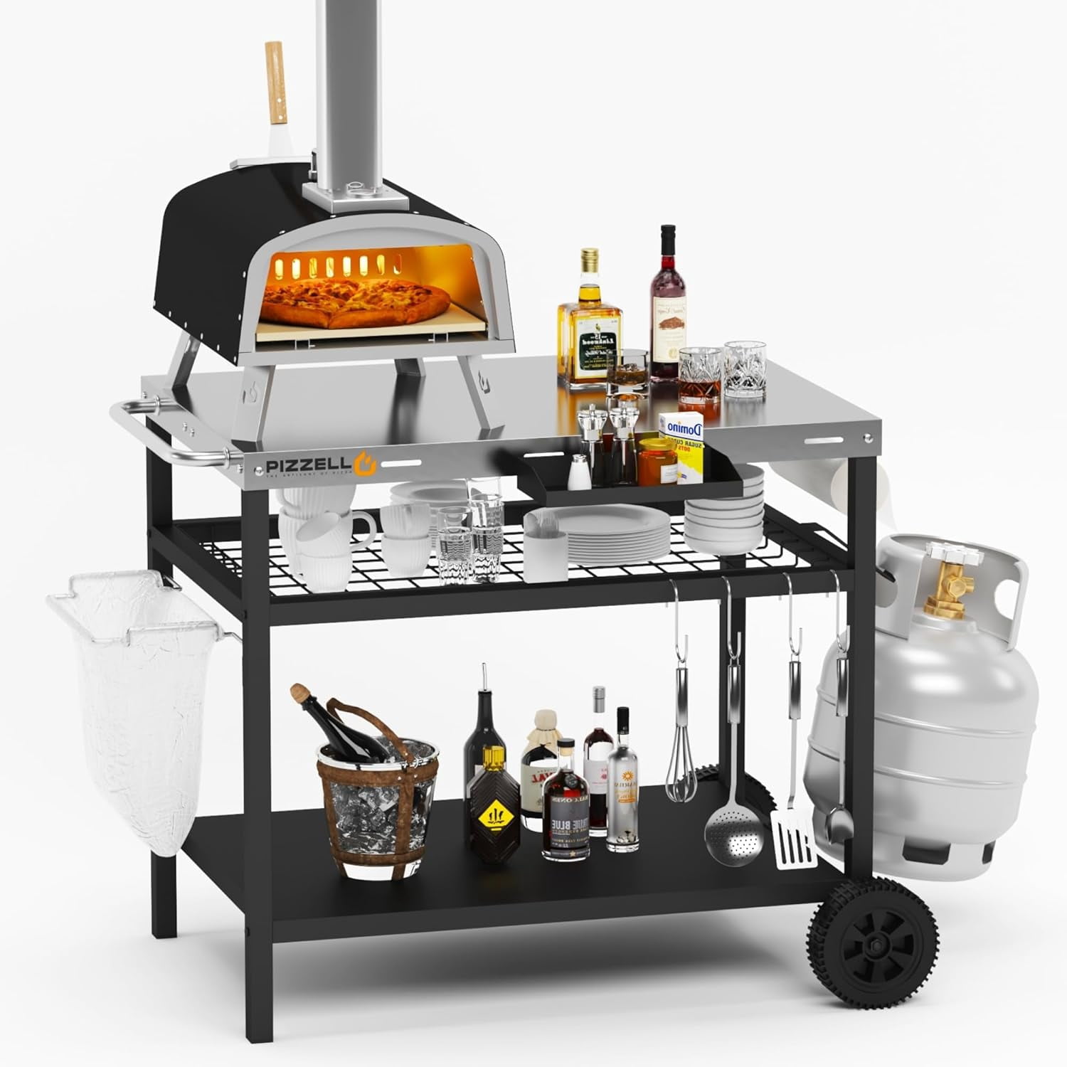 Outdoor Grill Cart Three-Shelf Pizza Oven Stand Table with Wheels ...