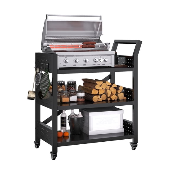Novolume Heavy Duty Metal Grill Cart Table with Wheels, Anti-Rust Rolling Utility Stand for Patio Backyard Cooking, 30.31"*24.31"*13.78" Black