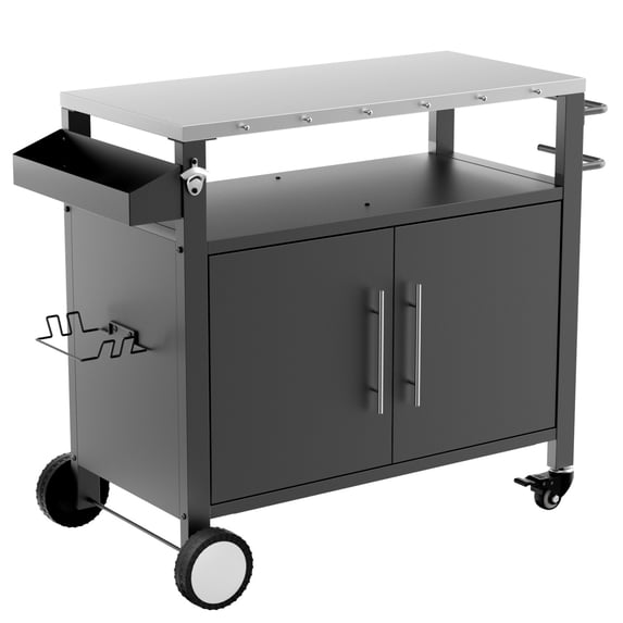 Outdoor Grill Cart with Wheels, Stainless Steel Rolling Kitchen Island for BBQ, Includes Spice Rack, Hooks and Storage Cabinet, Portable Serving Table for Patio, Backyard or Party