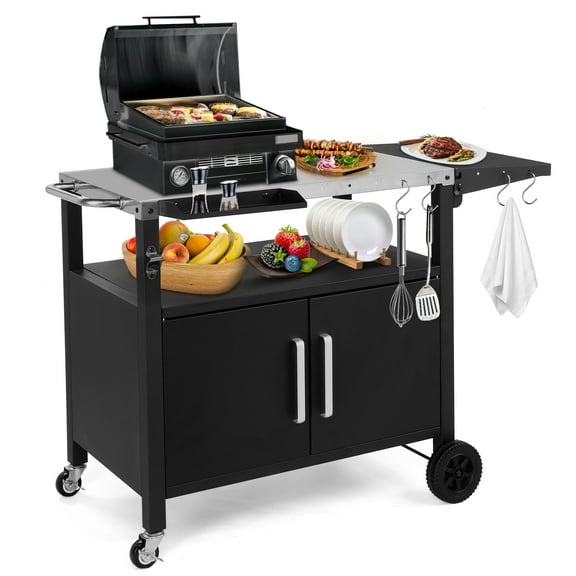 Outdoor Grill Cart With Storage, Black Rolling Kitchen Island For BBQ Dining