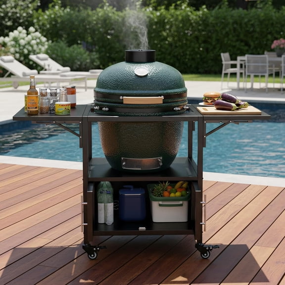 Outdoor Grill Cart for Big Green Egg Style BBQ, Metal Grill Table with 2 Folding Panels, Compatible with up to Large Green Egg, Kamado Joe Jr