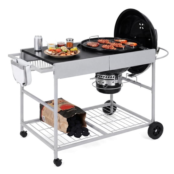 Outdoor Grill Cart for Kettle Grills Metal BBQ Stand with Lid Holder Storage Rack Bottle Opener Silver Black