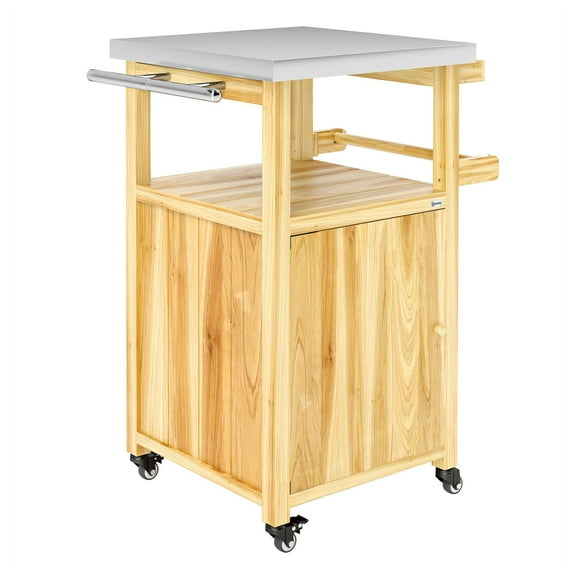 Outdoor Grill Cart w/ Stainless Steel Top, Wood Kitchen Island on Wheels