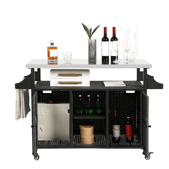 Outdoor Grill Cart w/ Steel Top & Wheels - Rolling Wicker Prep Station w/ Storage Cabinets & Shelves
