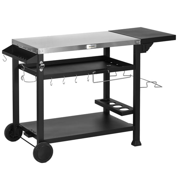Outdoor Grill Cart with Foldable Side Table, 46 x 21.75 Stainless Steel Pizza Oven Stand, Three-Shelf Movable Prep Table on Wheels, Black