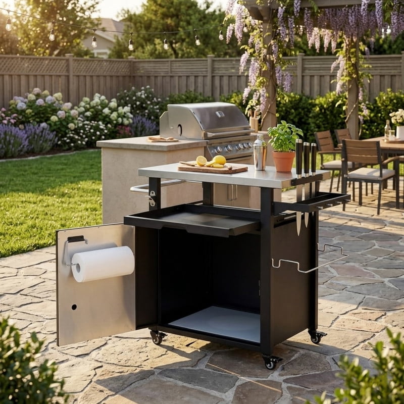 Outdoor Grill Cart with Stainless Steel Top, Outdoor Bar Cart Prep Table Pizza Oven Table with Wheels, Spice & Paper Rack