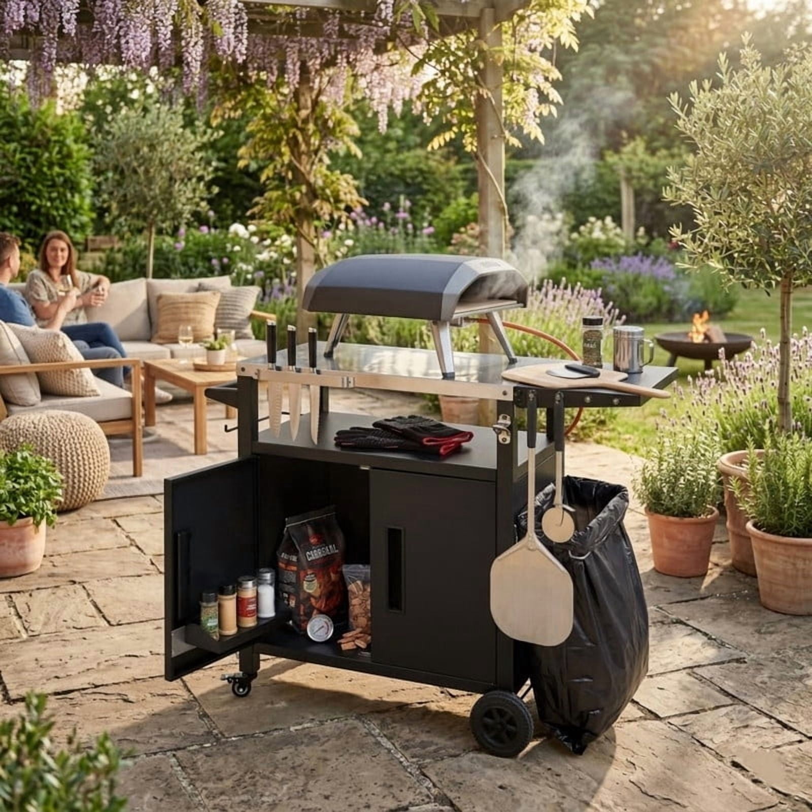 Outdoor Grill Cart with Stainless Steel Top, Outdoor Kitchen Island with Foldable Table, Pizza Oven Table with Wheels & Hooks