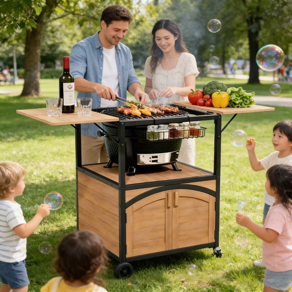 Outdoor Grill Cart with Storage Cabinet, Grill Table for Big Grills, Rolling Grill Table for Patio Backyard,Natural