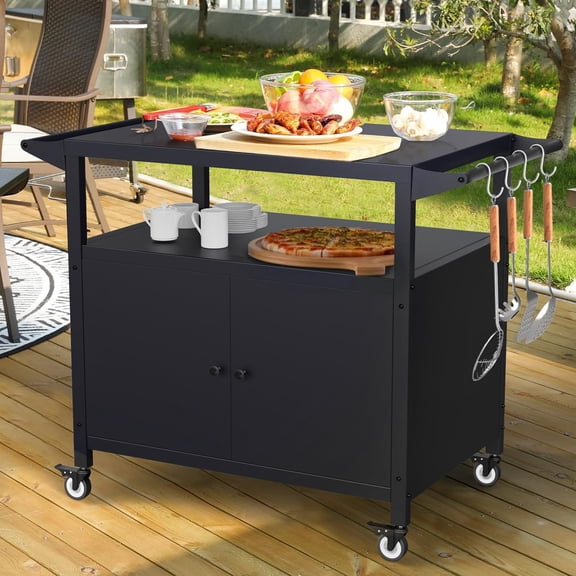 Yacona Outdoor Grill Cart with Storage Cabinet, Movable Outdoor Kitchen Island with Brake Wheels, Grill Table for Kitchen Prep