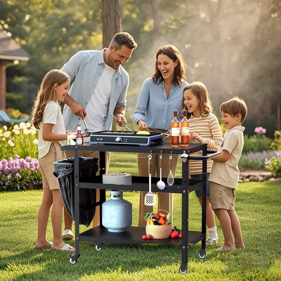 Outdoor Grill Cart with Wheels Heavy Duty BBQ Table for Pizza Oven and Griddle Storage