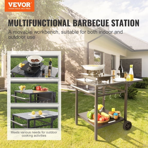 Outdoor Grill Dining Cart with Double-Shelf,BBQ Movable Food Prep Table,Multifunctional Foldable Iron Table Top,Portable Modular Carts for Pizza Oven,Worktable with 2 Wheels,Carry Handle