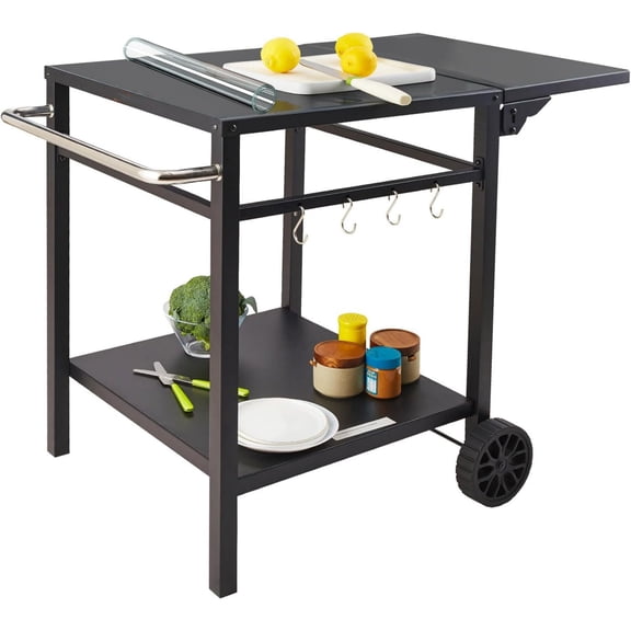 Outdoor Grill Dining Cart with Double-Shelf, BBQ Movable Food Prep Table, Multifunctional Foldable Iron Table Top, Portable Modular Carts for Pizza Oven, Worktable with 2 Wheels, Carry Handle