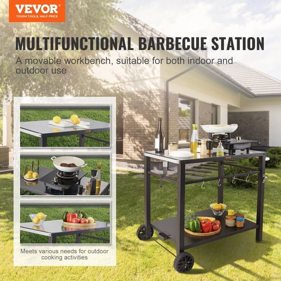 Outdoor Grill Dining Cart with Double-Shelf,BBQ Movable Food Prep Table,Multifunctional Iron Table Top,Portable Modular Carts for Pizza Oven,Worktable with 2 Wheels,Carry Handle,Black