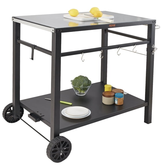 Outdoor Grill Dining Cart with Double Shelf BBQ Movable Food Prep Table Multifunctional Iron Top Portable Modular Cart for Pizza Oven Worktable with 2 Wheels Carry Handle Black