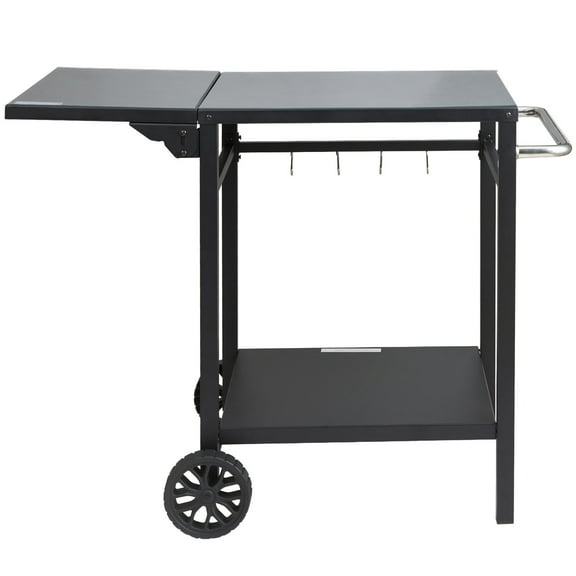 Outdoor Grill Dining Cart with Double-Shelf, Foldable Bbq Prep Table, 220Lbs Capacity Movable Worktable for Pizza Oven, Food Prep & Storage, Portable Metal Cart with Wheels & Carry Handle