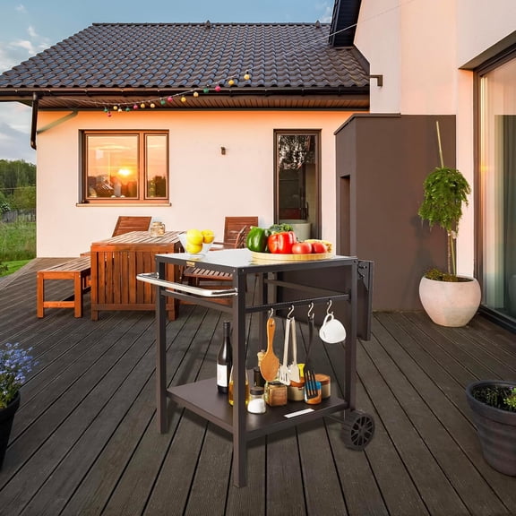 Outdoor Grill Dining Cart with Double-Shelf, BBQ Movable Food Prep Table