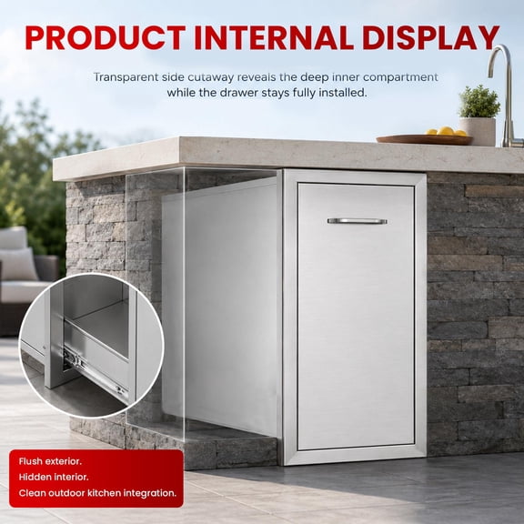 Outdoor Grill Drawers 304 Stainless Steel, BBQ Trash Bin Built-In Pull-Out, Trash Pull Out Drawer Weatherproof for Outdoor Kitchen Island.