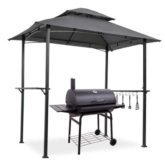 Outdoor Grill Gazebo 8 x 5 Ft, Shelter Tent, Double Tier Soft Top Canopy and Steel Frame with hook and Bar Counters, Grey