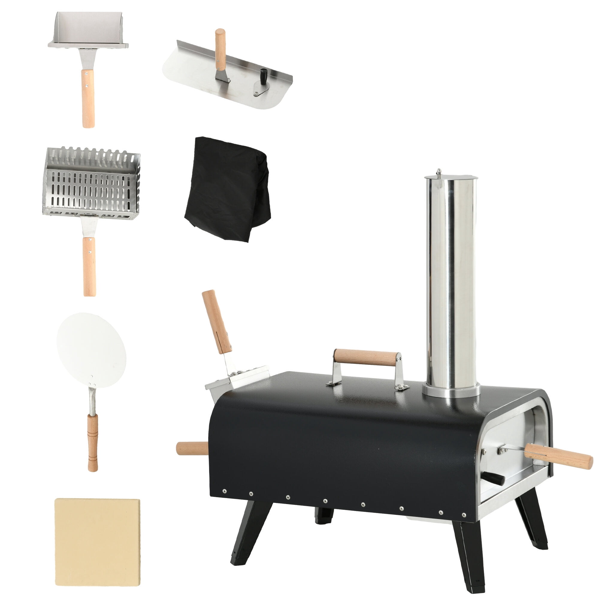 Outdoor Grill, Outdoor Pizza Oven with 12" Stone, Peel and Cover, Portable Pellet Wood Fired Pizza Maker with Foldable Legs, Stainless Steel Pizza Grill for Outside, Backyard, Outdoor Kitchen