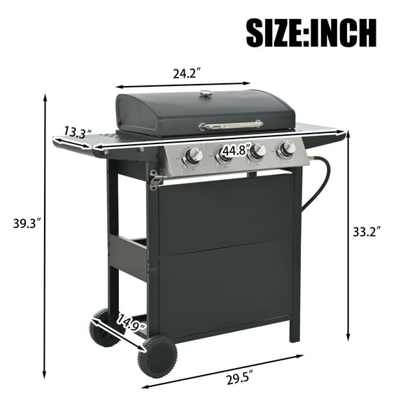 Outdoor Grill, Propane Gas Grill 4 Burner Barbecue Grill, Stainless Steel 34,000 BTU Patio Garden Barbecue Grill with Two Shelves, Lid, Wheels and Bottle Opener, Black BBQ Grill,Iron Tabletop Grill