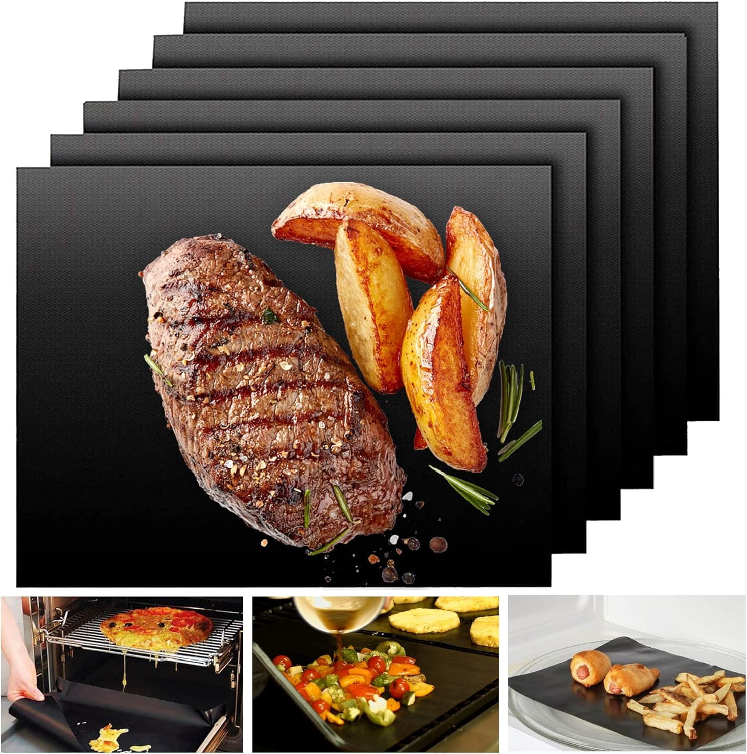 for Outdoor Grill Set of 6 - Heavy Duty Non-Stick BBQ Grilling Mat & Oven Liner, Reusable, Easy to Clean - Works on Oven, Gas, Charcoal, and Electric BBQ - 15.75 x 13 Inch
