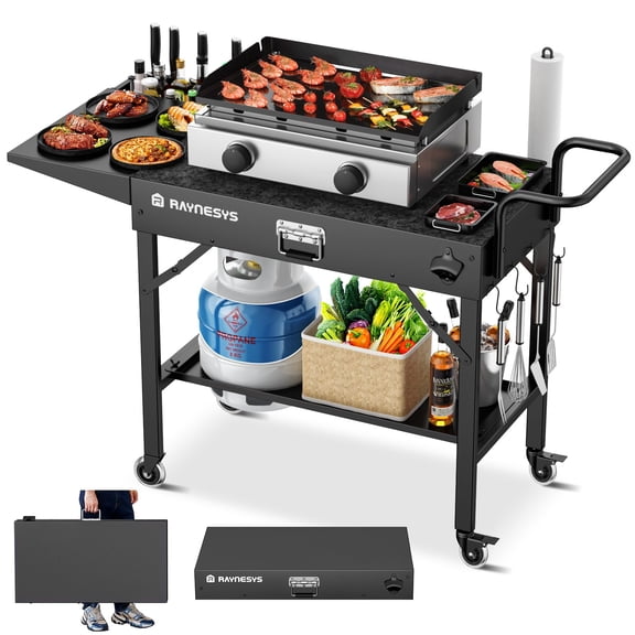 Raynesys Grill Cart for Blackstone Griddle, Outdoor Folding Grill Table with Wheels & Seasoning Tray, 440lbs Foldable Griddle Stand for BBQ Camp, 31"W x 17"D, 2-Tier