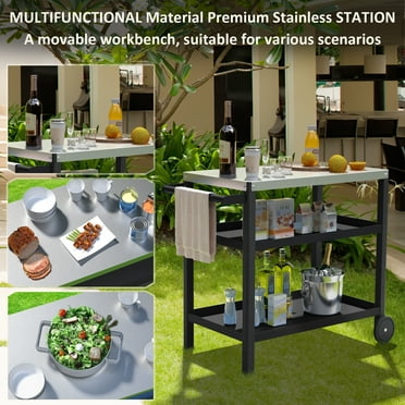 Outdoor Grill Table Cart with Stainless Steel Top&3-Shelf ＆ Trash Bag Holder Black