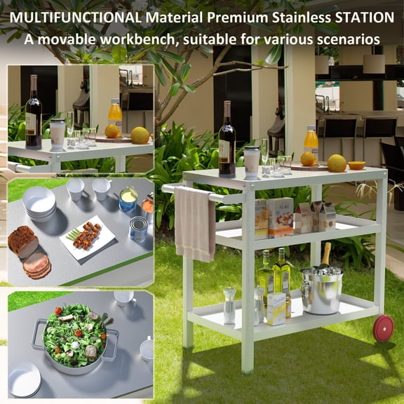 Outdoor Grill Table Cart with Stainless Steel Top&3-Shelf & Trash Bag Holder White