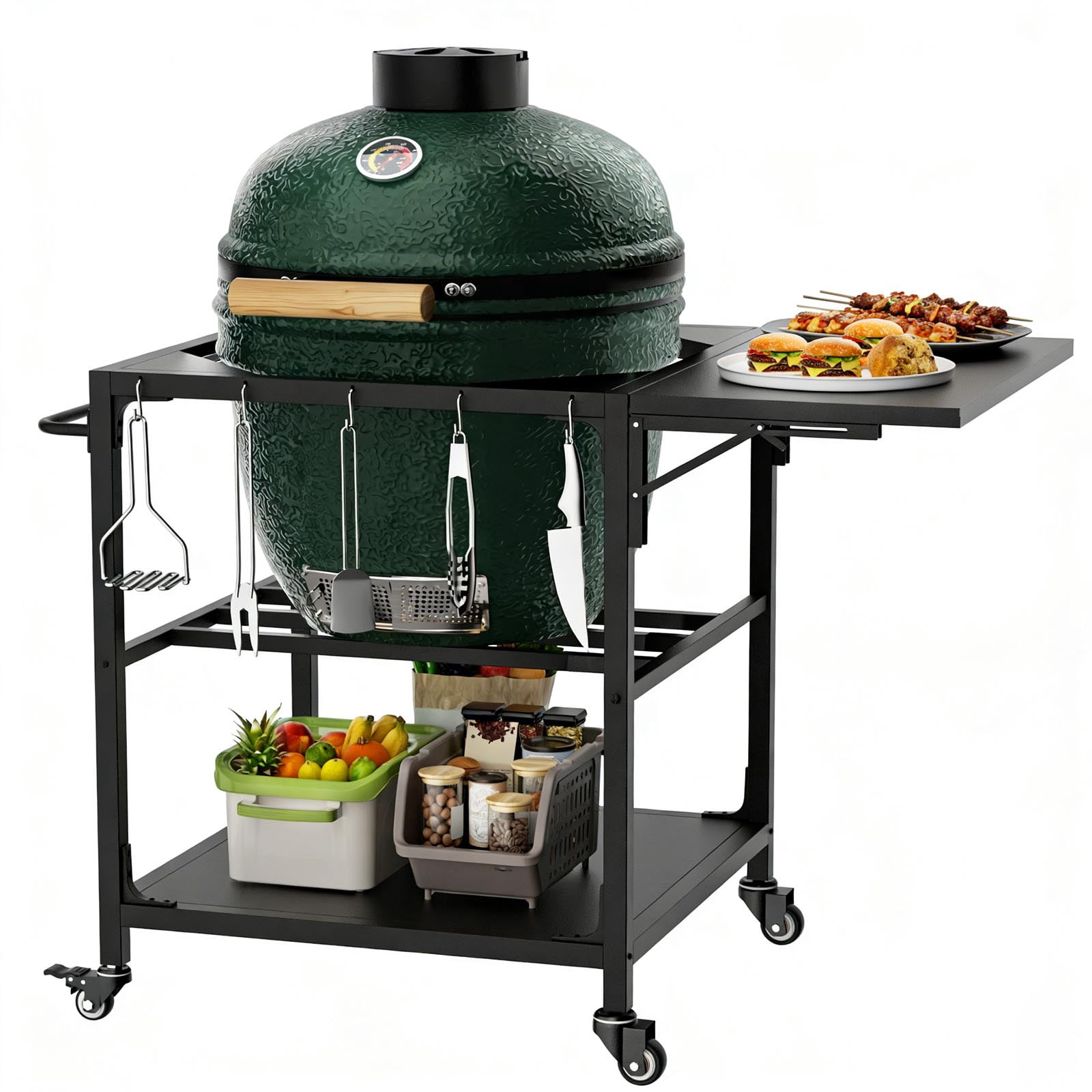 Outdoor Grill Table Compatible with Large Big Green Egg, Heavy Duty Metal Kamado Cart with Wheels, Storage Shelf, Hooks and Removable Central Cover for 21-26 Inch Kamado Style Grill