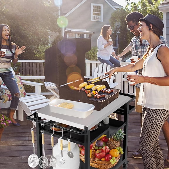 Outdoor Grill Table, Multi-Function Pizza Oven Stand, Three-Shelf Food Prep and Work Cart Table, Heavy Duty Grill Cart for Party, Bar, Camping