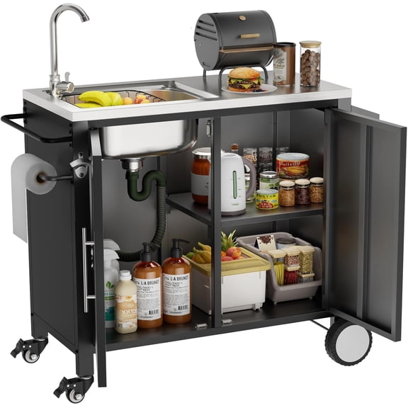 Outdoor Grill Table with Sink, Grill Cart with 304 Stainless Steel Sink and Cabinet, Outdoor Grill Cart,Outdoor Cart Sink Station with Wheels, 38in x 18in x 35in