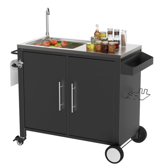 Outdoor Grill Table with Sink, Metal Grill Cart With Storage Cabinets, 304 Stainless Steel Sink, Outdoor Kitchen Island with Wheels for Lawn, Garden
