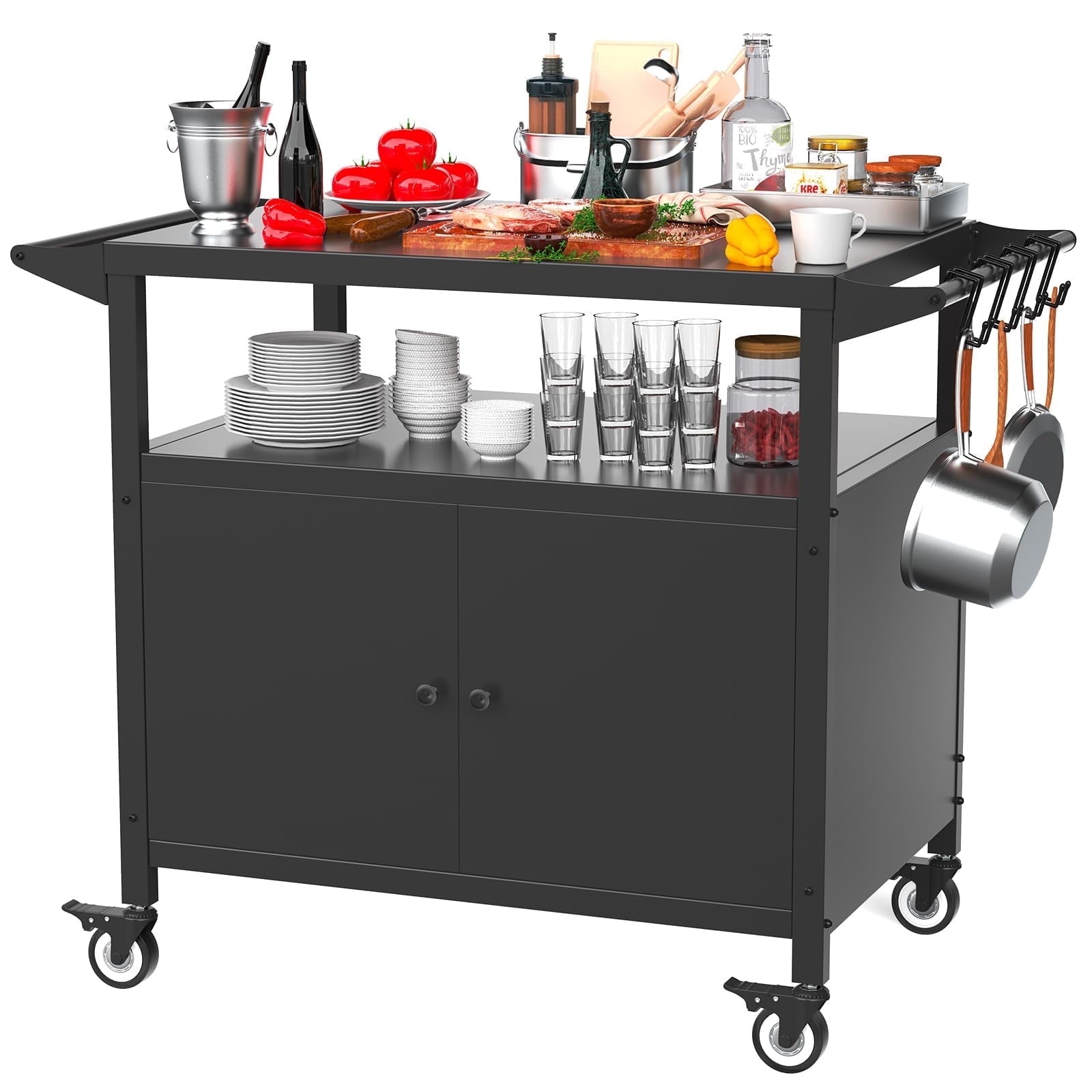 Outdoor Kitchen Table with Storage Cabinet, Grill Table for Kitchen Prep and BBQ, Kitchen Island Rolling Grill Cartwith 4 Utensil Hooks